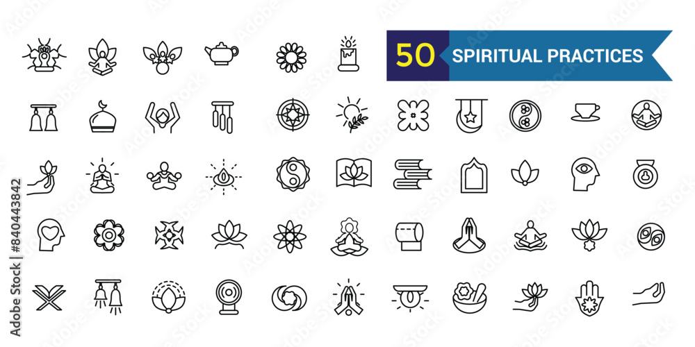 Spiritual practices icons set. Outline set of spiritual practices vector icons for ui design. Outline icon collection. Editable stroke. Spiritual practices icons set. Outline set of spiritual practices vector icons for ui design. Outline icon collection. Editable stroke.