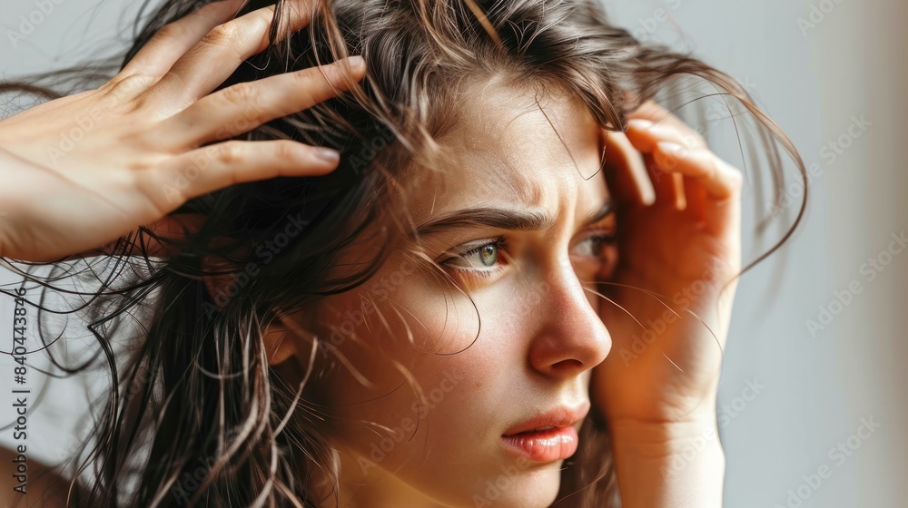 Naklejka premium woman very sad and upset looking at damaged hair, hair loss, hair thinning problem, vitamin deficiency, baldness, postpartum, biotin, zinc, menstrual or endocrine disorders, hormonal imbalance