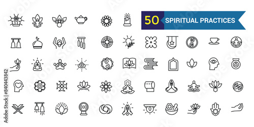 Spiritual practices icons set. Outline set of spiritual practices vector icons for ui design. Outline icon collection. Editable stroke.