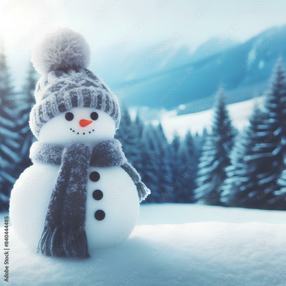 Obraz premium Snowman with hat and scarf on the snowy landscape with blurred fir tree forest background.