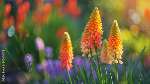 Yellow and red hot poker flowers in garden. Kniphofia uvaria tritomea or torch lily flower. The red blooms attract bees