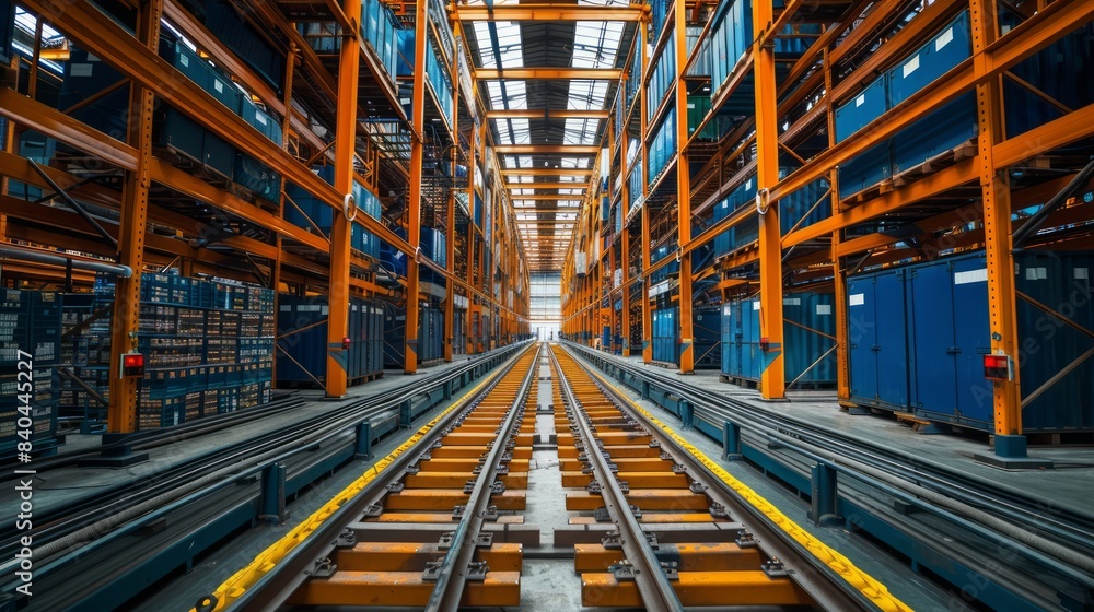 Fototapeta premium Warehouse with automated sorting systems and robots, illustrating advanced logistics in the industrial sector.
