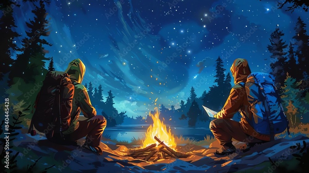 Obraz premium Explorers mapping out their route by a campfire, surrounded by trees, starry night, digital painting