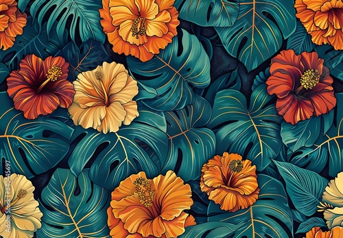 Vintage tropical flowers and leaves seamless pattern  vector illustration in the style of vintage with retro colors  high resolution  professional color grading  clean sharp focus.