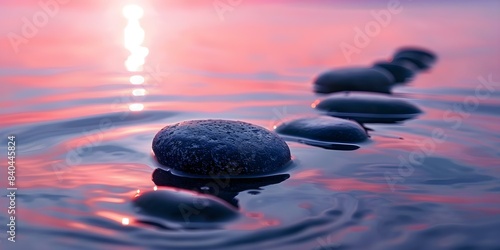 Zen stones in water with pink horizon and space for text. Concept Zen Stones  Water Reflections  Pink Horizon  Space for Text