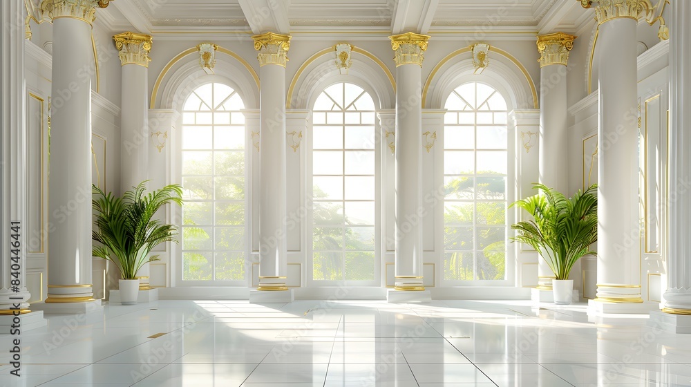 A large white room with three arched windows, adorned in gold accents and surrounded by tall columns. The walls feature an elegant architectural design.