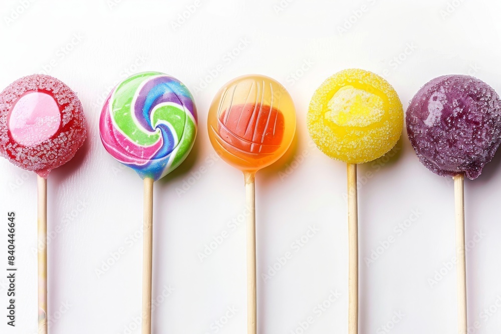 colorful lollypops of different shapes and flavours isolated againt a white background, photography colorful lollypops of different shapes and flavours isolated againt a white background, photography