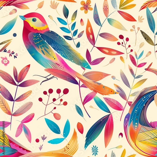 A girl drawing a vibrant  rainbow-colored bird with detailed feathers and a long tail. Minimal pattern banner wallpaper  simple background  Seamless 