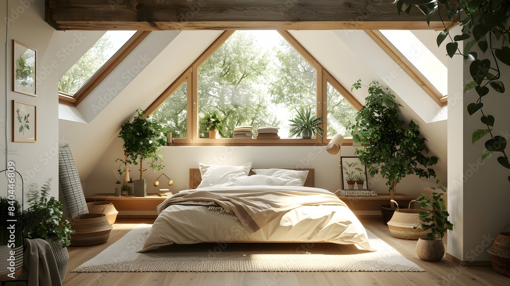 A light wooden and white themed attic bedroom with an extra large window, skylights, plants, and natural wood accents. A light wooden and white themed attic bedroom with an extra large window, skylights, plants, and natural wood accents.