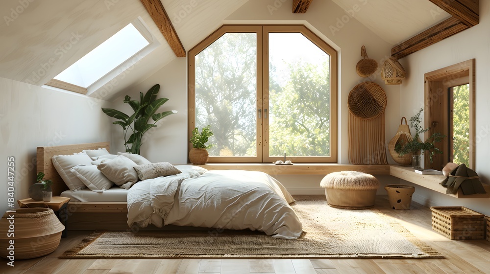 A light wooden and white themed attic bedroom with an extra large window, skylights, plants, and natural wood accents. A light wooden and white themed attic bedroom with an extra large window, skylights, plants, and natural wood accents.