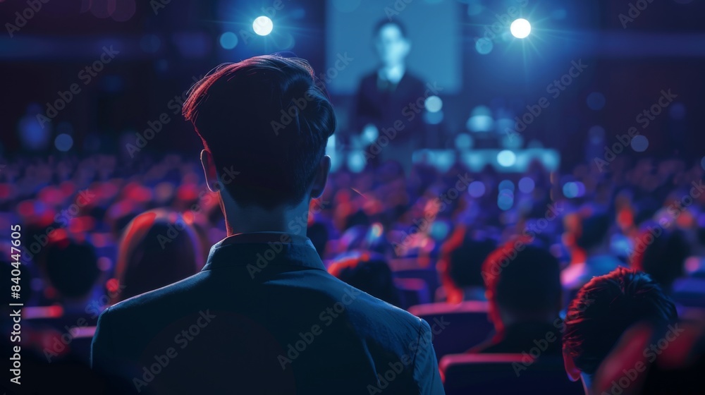 Male Asking a Question to a Speaker During a Q and A Session at an International Tech Conference in a Dark Crowded Auditorium. Male Asking a Question to a Speaker During a Q and A Session at an International Tech Conference in a Dark Crowded Auditorium.