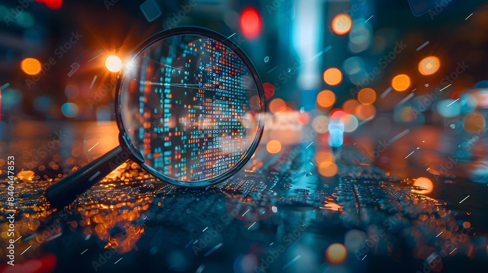 A magnifying glass over an abstract digital stock market graph, with bokeh lights in the background. financial technology innovation and connecting global knowledge to place. A magnifying glass over an abstract digital stock market graph, with bokeh lights in the background. financial technology innovation and connecting global knowledge to place.