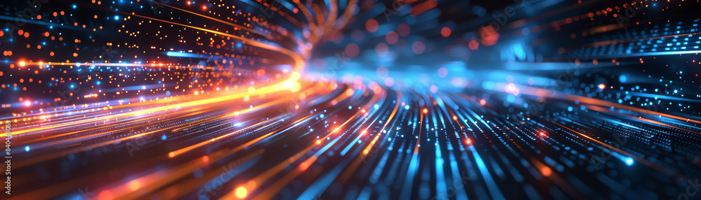Fototapeta premium Abstract futuristic neon lights forming a dynamic wave pattern in a digital landscape. Concept of fast data transfer and technology.