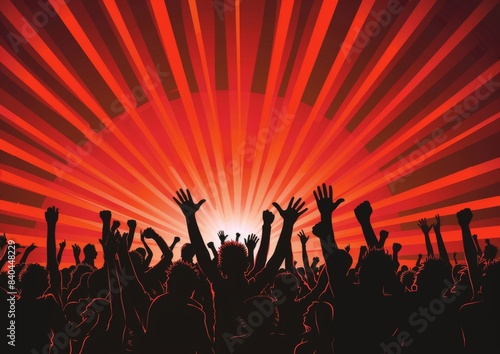 A crowd of people are cheering and waving their arms in the air at a concert
