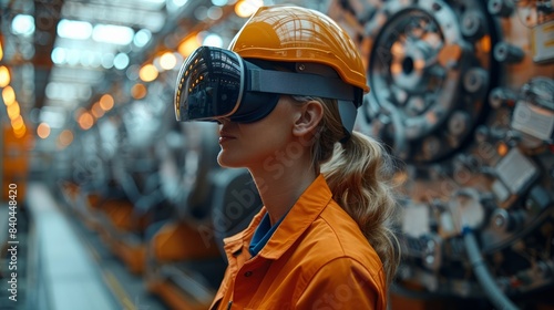 Industrial engineer using augmented reality glasses to inspect machinery, showcasing cutting-edge technology in industry. © chaisiri