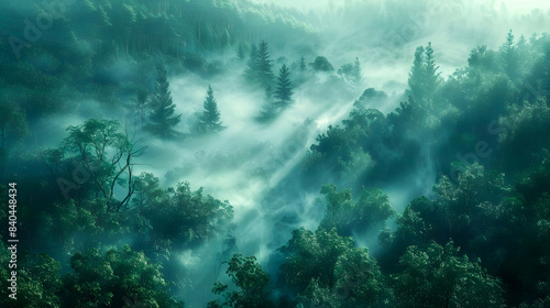 Rainforest landscape with trees and fog - theme conservation 