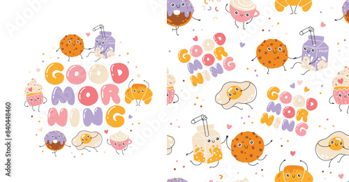Breakfast sweets and coffee seamless pattern with funny mascot characters. Good morning. Kawaii cartoon hand drawn doodle in colorful palette. Ideal for baby design, prints, packaging, textiles