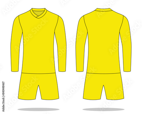 Blank Yellow Long Sleeve Soccer Uniform Template on White Background. Front and Back Views, Vector File.