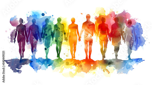 Rainbow watercolor silhouettes of people on white background. Pride month illustration for LGBTQIA banner.