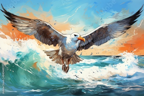 Albatross wingspan over ocean flat design, top view, seabird ecology theme, watercolor, splitcomplementary color scheme photo