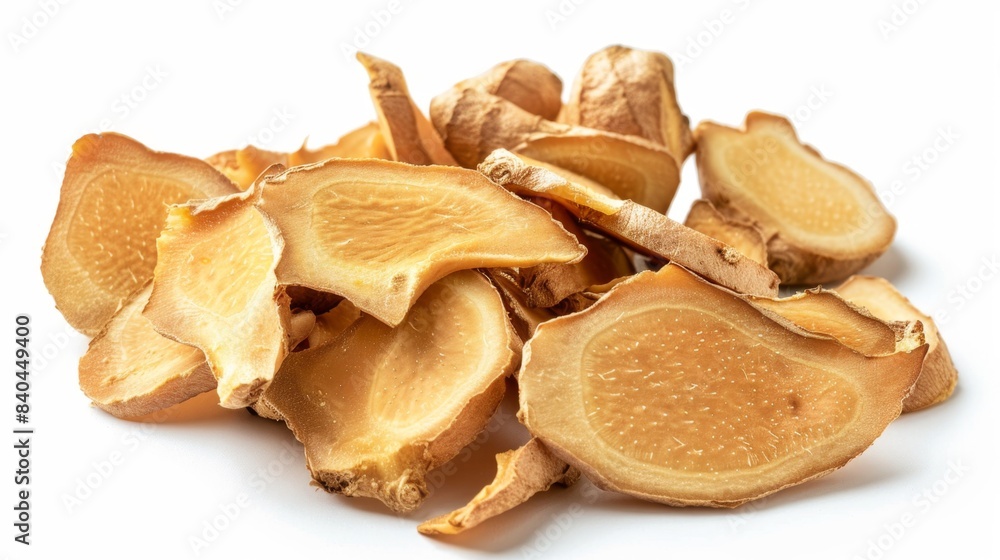 dried ginger slices Isolated on white background. cooking ingredients for healthful food concept for designer dried ginger slices Isolated on white background. cooking ingredients for healthful food concept for designer