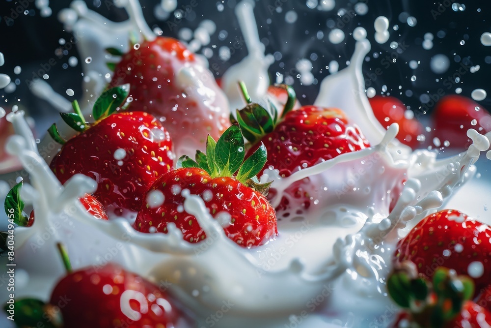 creative food concept with strawberries splashing into milk creative food concept with strawberries splashing into milk