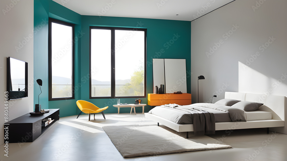 Fototapeta premium Colorful minimalist modern stylish bedroom. Generative AI