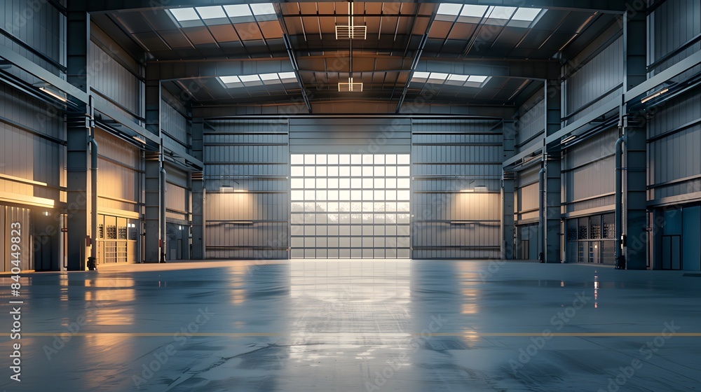 A modern warehouse with an open roller door, representing the aspects of commercial garage doors for industrial buildings. The background is a clean and empty parking lot area. A modern warehouse with an open roller door, representing the aspects of commercial garage doors for industrial buildings. The background is a clean and empty parking lot area.