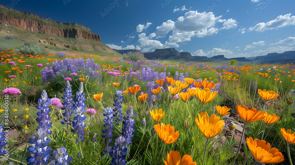 Fototapeta premium A vibrant nature mesa landscape with wildflowers blooming along the rocky ledges