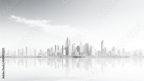 A grayscale image of a city skyline reflecting in a calm body of water. The sky is overcast with a single cloud casting a reflection on the waters surface