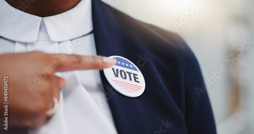 Fotografie Hand, pointing and vote badge with support for choice of election committee or political campaign