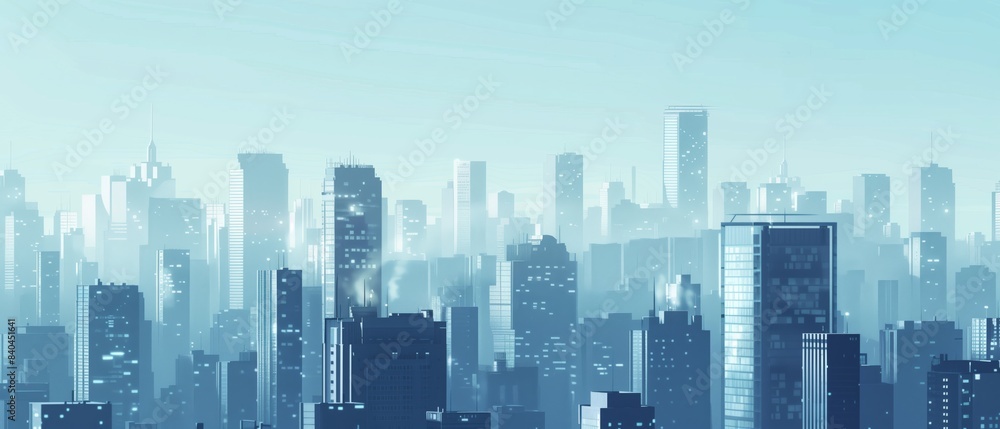 A panoramic view of a cityscape with tall skyscrapers silhouetted against a hazy morning sky A panoramic view of a cityscape with tall skyscrapers silhouetted against a hazy morning sky