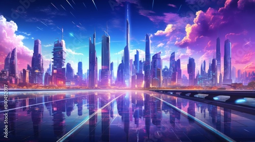 A digital painting of a futuristic cityscape with tall skyscrapers  a glowing sky  and a reflecting pool in the foreground