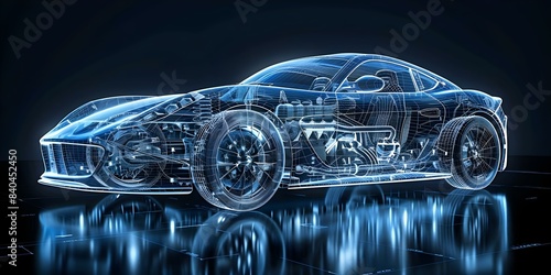 Blue wireframe sports car blueprint on black background with engine details. Concept Car Design, Automotive Engineering, Blueprint Illustration, Technology, Engine Components