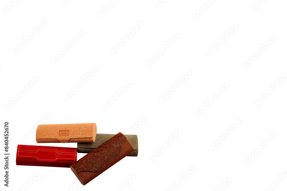 Case for glasses. Glasses in a leather case for storing sunglasses. Magnetic cover. lie horizontally. on an isolated white background. Close-up. place for text. Case for glasses. Glasses in a leather case for storing sunglasses. Magnetic cover. lie horizontally. on an isolated white background. Close-up. place for text.