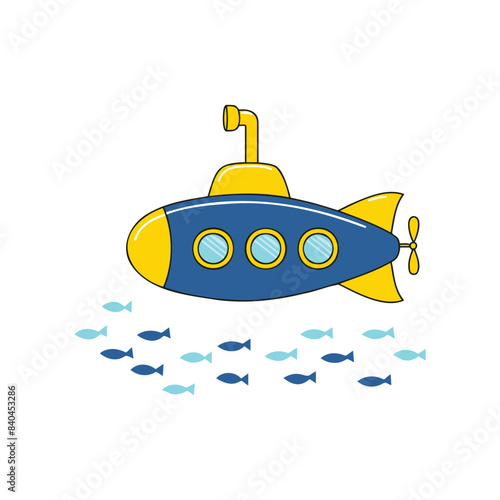 Submarine with a school of fish doodle illustration