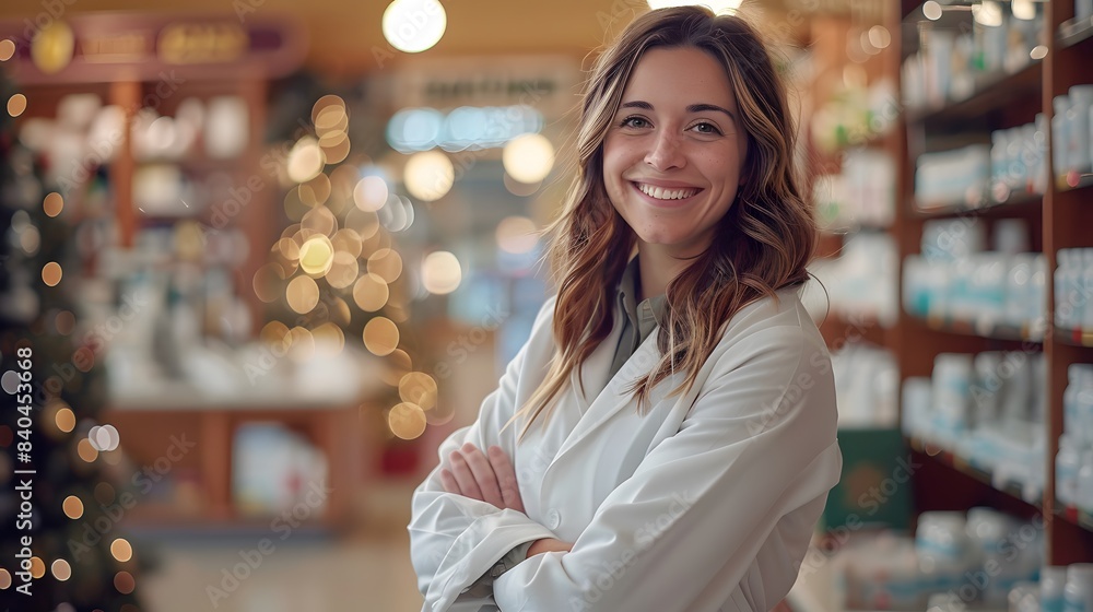 A smiling female pharmacy technician in a white coat standing inside a drug store, a copy space concept background for advertising about health care and spa service advertisement. A smiling female pharmacy technician in a white coat standing inside a drug store, a copy space concept background for advertising about health care and spa service advertisement.