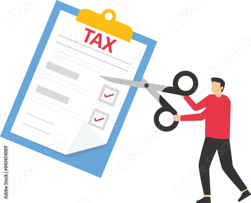 Employee holding scissors to cut banknotes. Reduction of income due to tax deduction for tiny man flat vector illustration. Taxation, debt concept for banner, website design or landing web page

