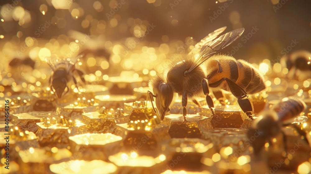 Fototapeta premium A group of bees on honeycomb, surrounded by gold particles and small pieces of broken golden powder, on white background