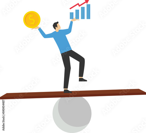 Investment plans or ratio. Man working on balance between stock market and savings flat vector illustration. Finance concept for banner, website design or landing web


