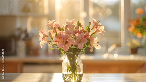 A vase of pink and white flowers sits on the counter in front of an open kitchen  with sunlight streaming through the window onto it.