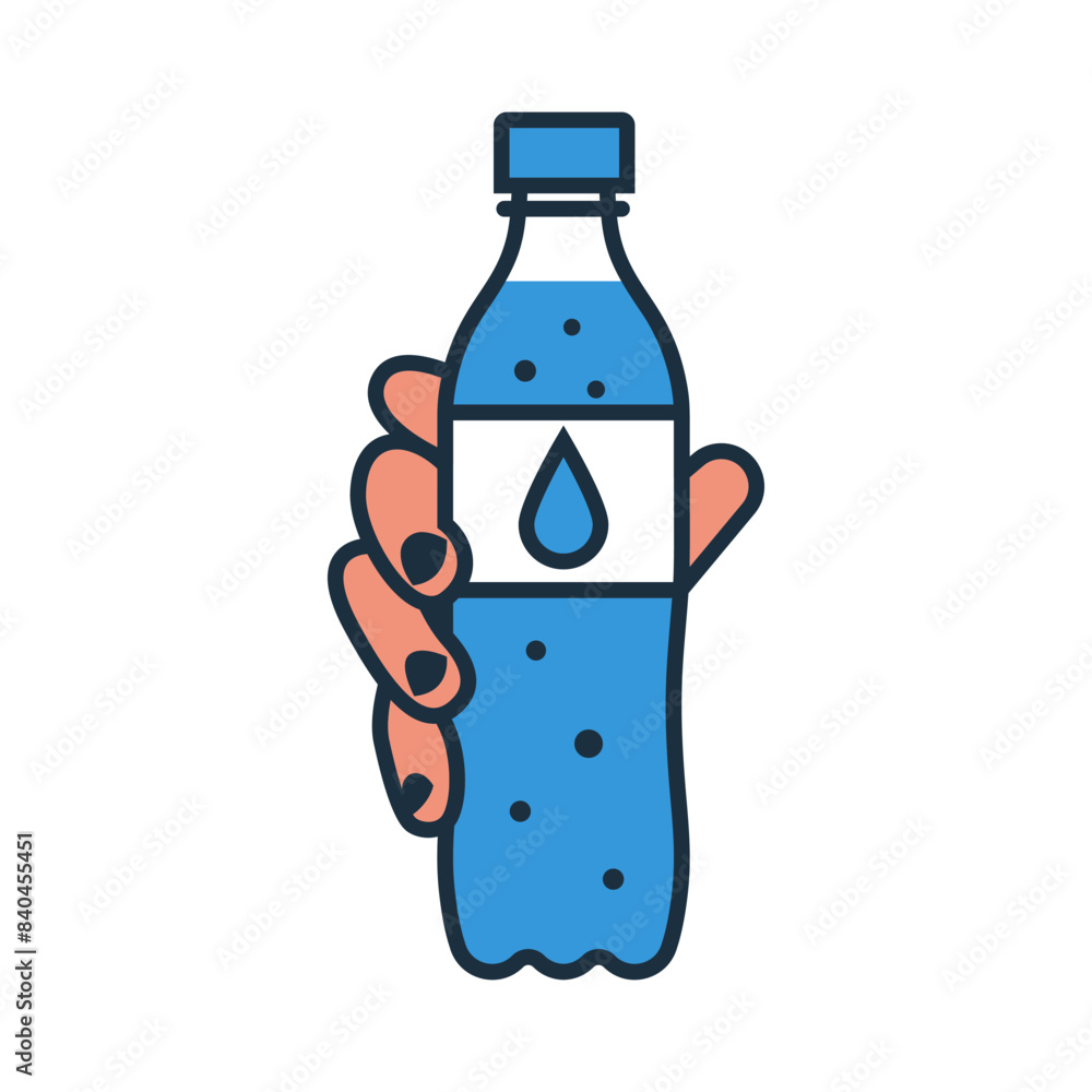 Bottle of water holding in the hands of a man. Black line icon. Vector illustration flat design. Isolated on white background. Clean mineral water bottle. Container aqua. Bottle of water holding in the hands of a man. Black line icon. Vector illustration flat design. Isolated on white background. Clean mineral water bottle. Container aqua.