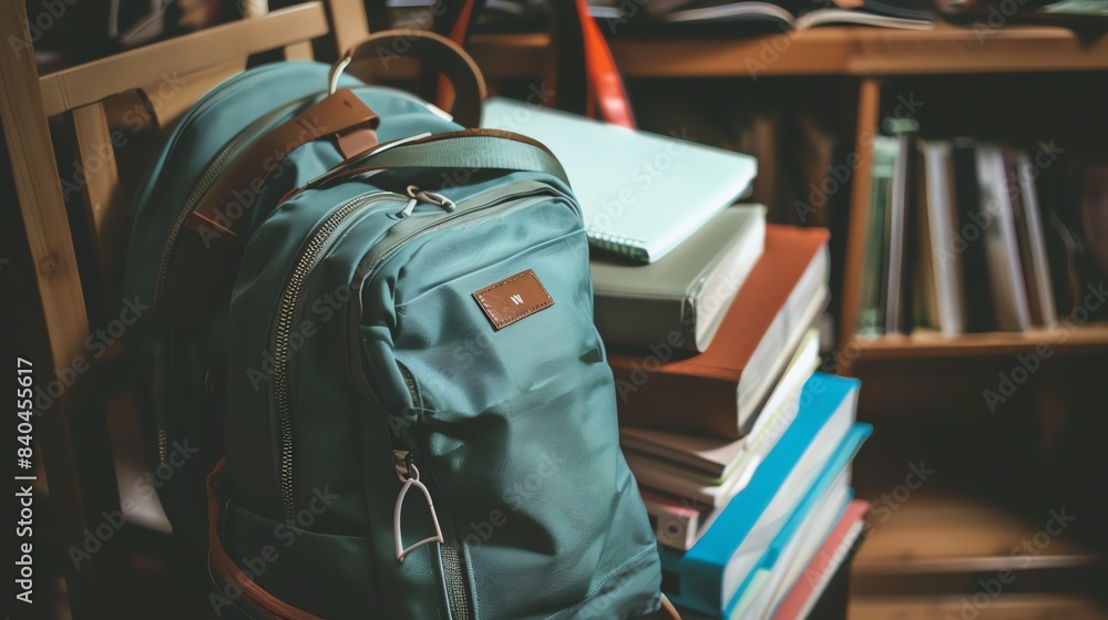 A neatly packed school bag with textbooks, notebooks, and a pencil case ready for the day A neatly packed school bag with textbooks, notebooks, and a pencil case ready for the day