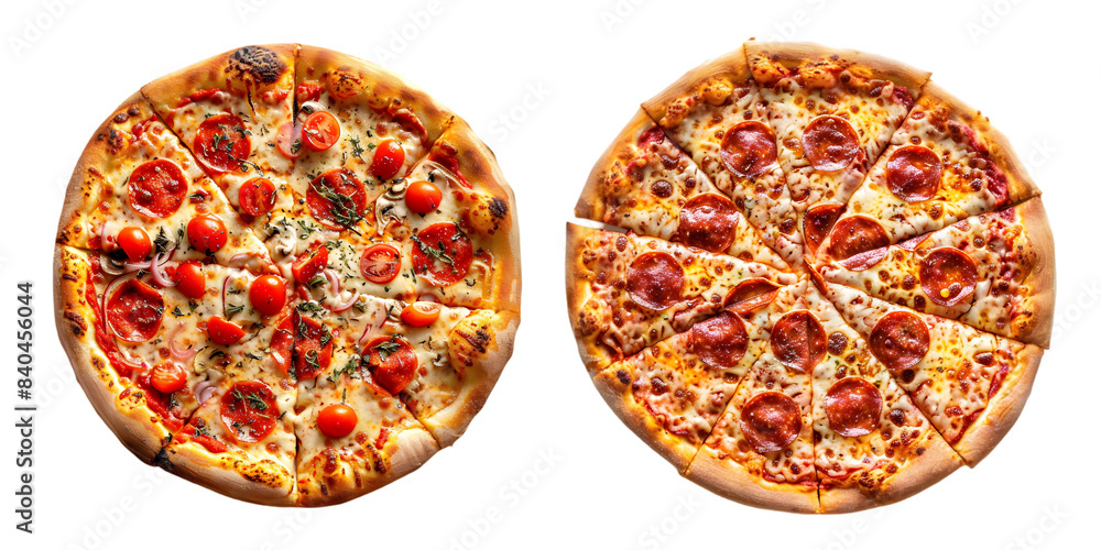 Set of pepperoni pizza in slices with cheese on top of it, on transparent background Set of pepperoni pizza in slices with cheese on top of it, on transparent background