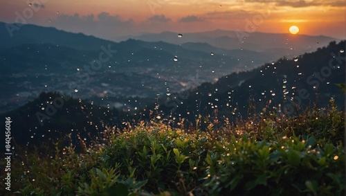 Beautiful  cloudy sunset in the mountains