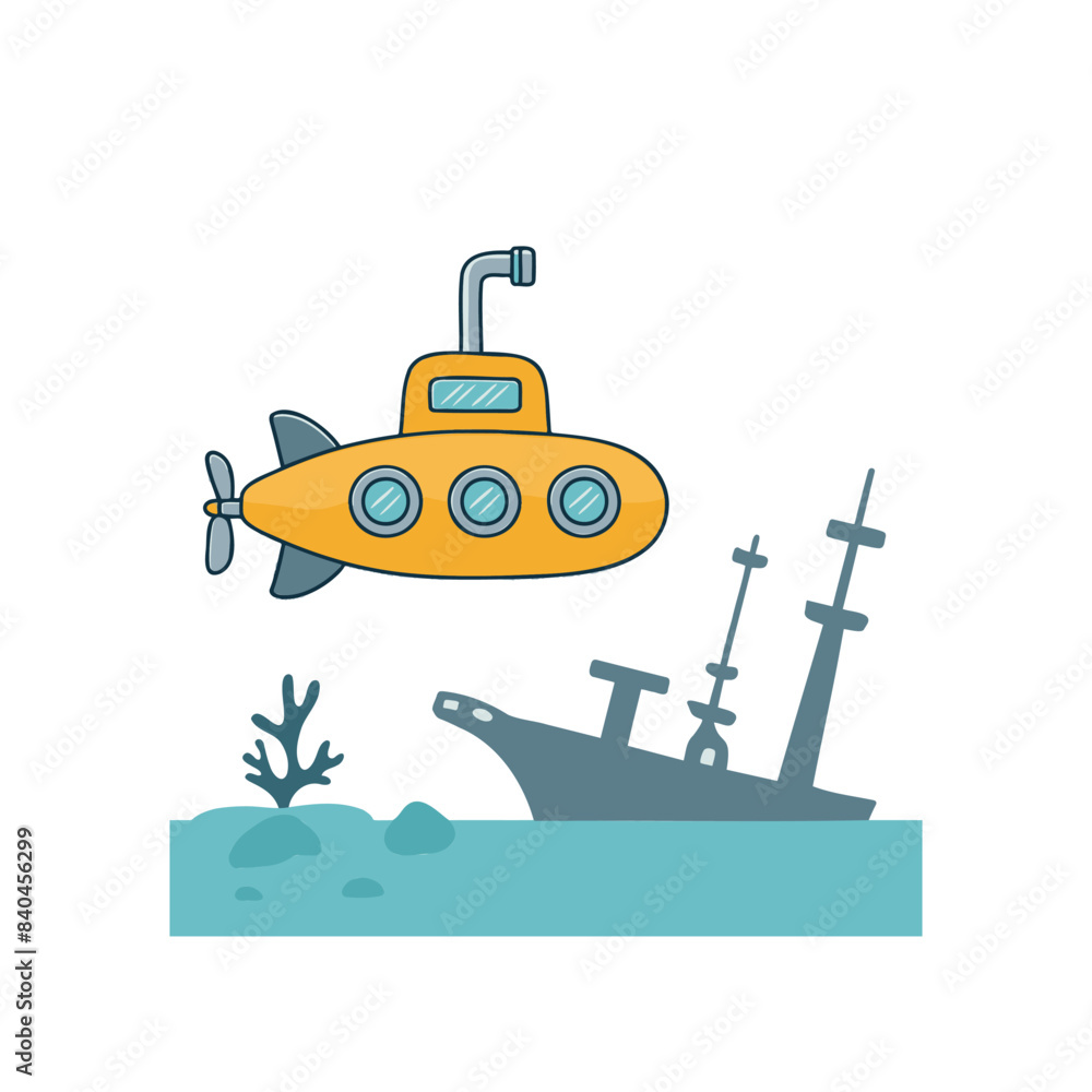Submarine near a shipwreck doodle illustration Submarine near a shipwreck doodle illustration