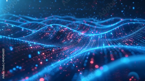 Abstract digital background with glowing blue light waves and flowing data cables, symbolizing the flow of information in cyberspace.