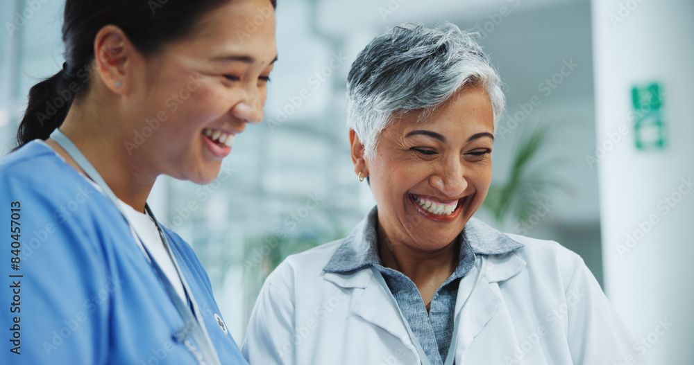 Teamwork, nurse and doctor in healthcare for report, good news and medical information for diagnosis. Hospital, employees or happy women with laugh for comedy, confidence and service at clinic Teamwork, nurse and doctor in healthcare for report, good news and medical information for diagnosis. Hospital, employees or happy women with laugh for comedy, confidence and service at clinic