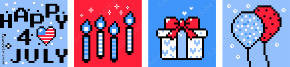 Pixel art USA Independence Day card set. 4th of July. American flag, balloon, candles, pixel icon. Y2k trendy playful pixelated stickers. 8 bit retro style vector illustration in white, red, blue Pixel art USA Independence Day card set. 4th of July. American flag, balloon, candles, pixel icon. Y2k trendy playful pixelated stickers. 8 bit retro style vector illustration in white, red, blue