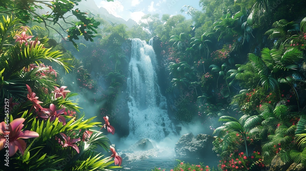 Obraz premium Rainforest waterfall surrounded by lush greenery and tropical flowers, mist rising from the cascading water, vibrant and lively